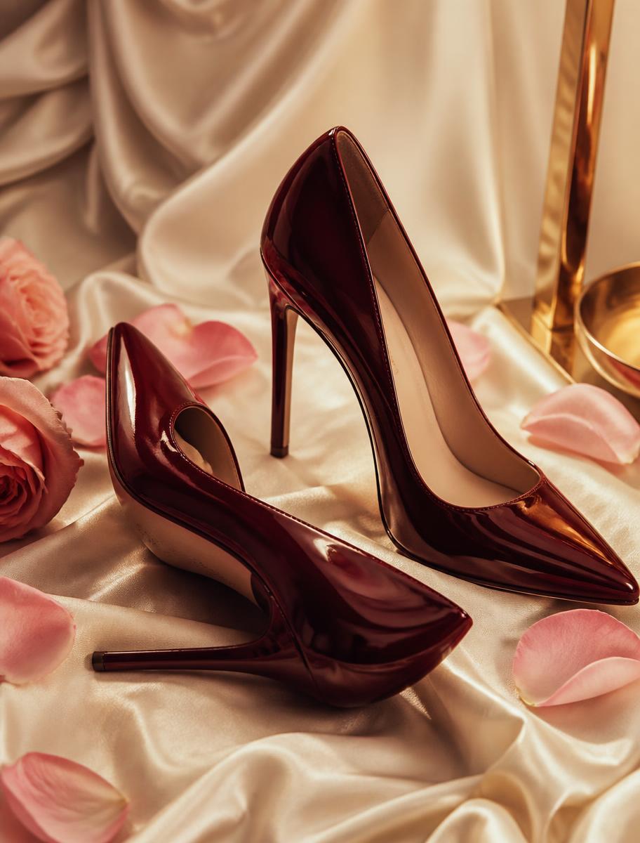 Burgundy stiletto heels on ivory silk